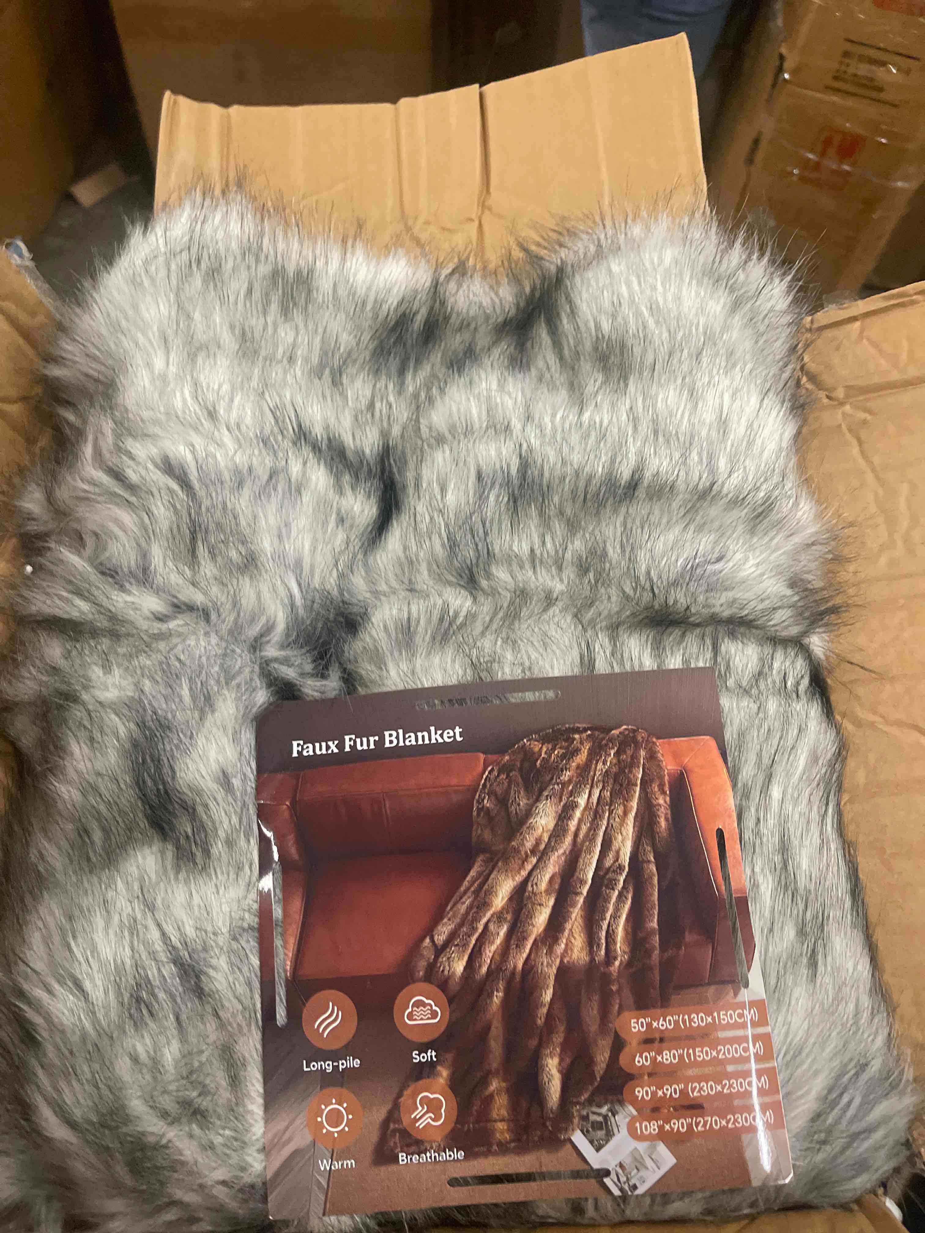 Condition photo showing New/Like New for luxury faux fur throw blanket, grey and black high pile mixed throw blanket, super warm, fuzzy, elegant, fluffy decoration blanket scarf for sofa, couch and bed, 50''x 60'' grey 50'' x 60''