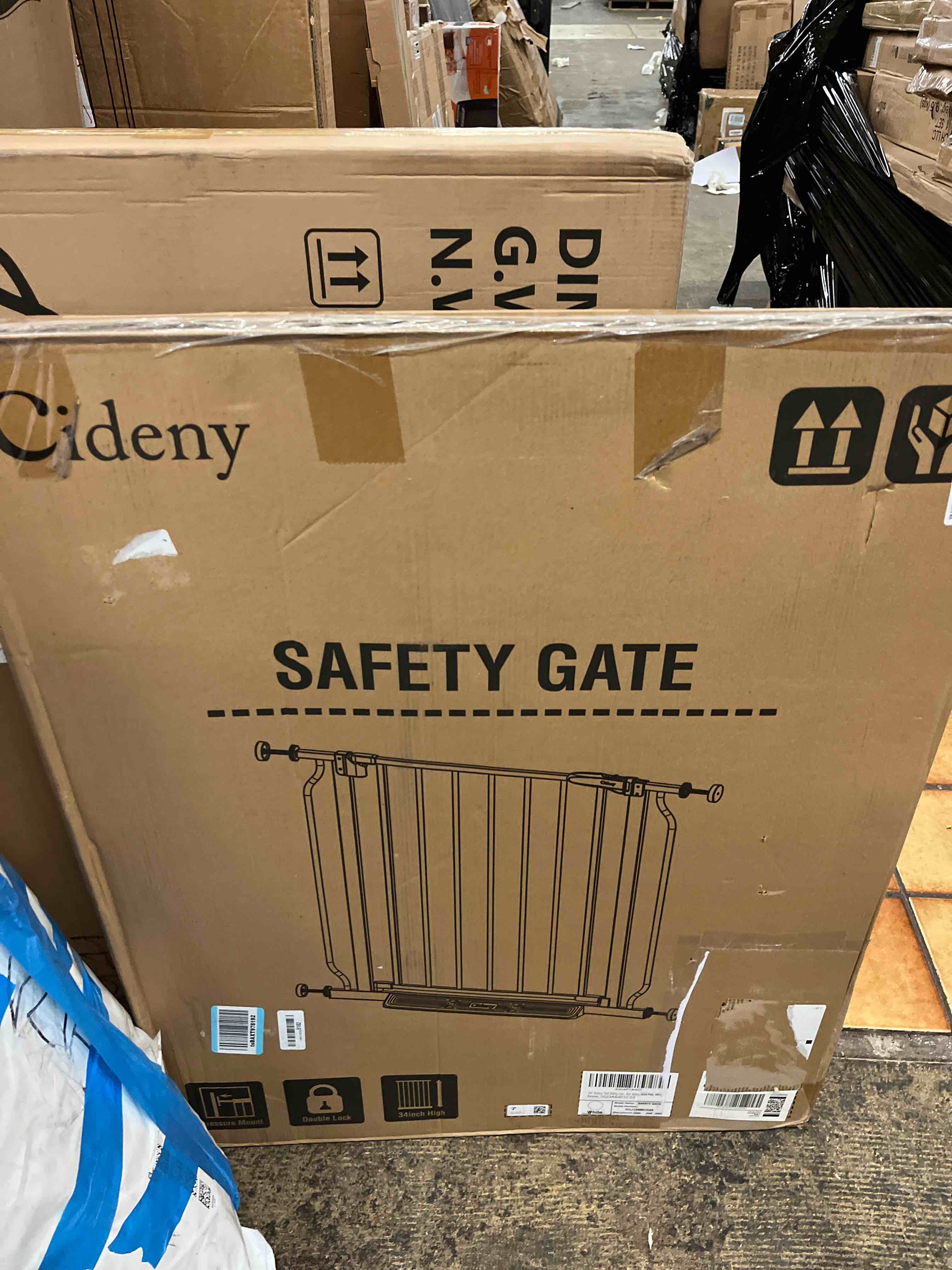 Condition photo showing New/Like New for 34" Extra Tall Baby Gate for Stairs, Auto Close Stroller Friendly Dog Gate Indoor for Doorways, Pressure Mounted 29"-40" Wide Baby Gate, Easy Walk Through Gate for Children & Pets, White