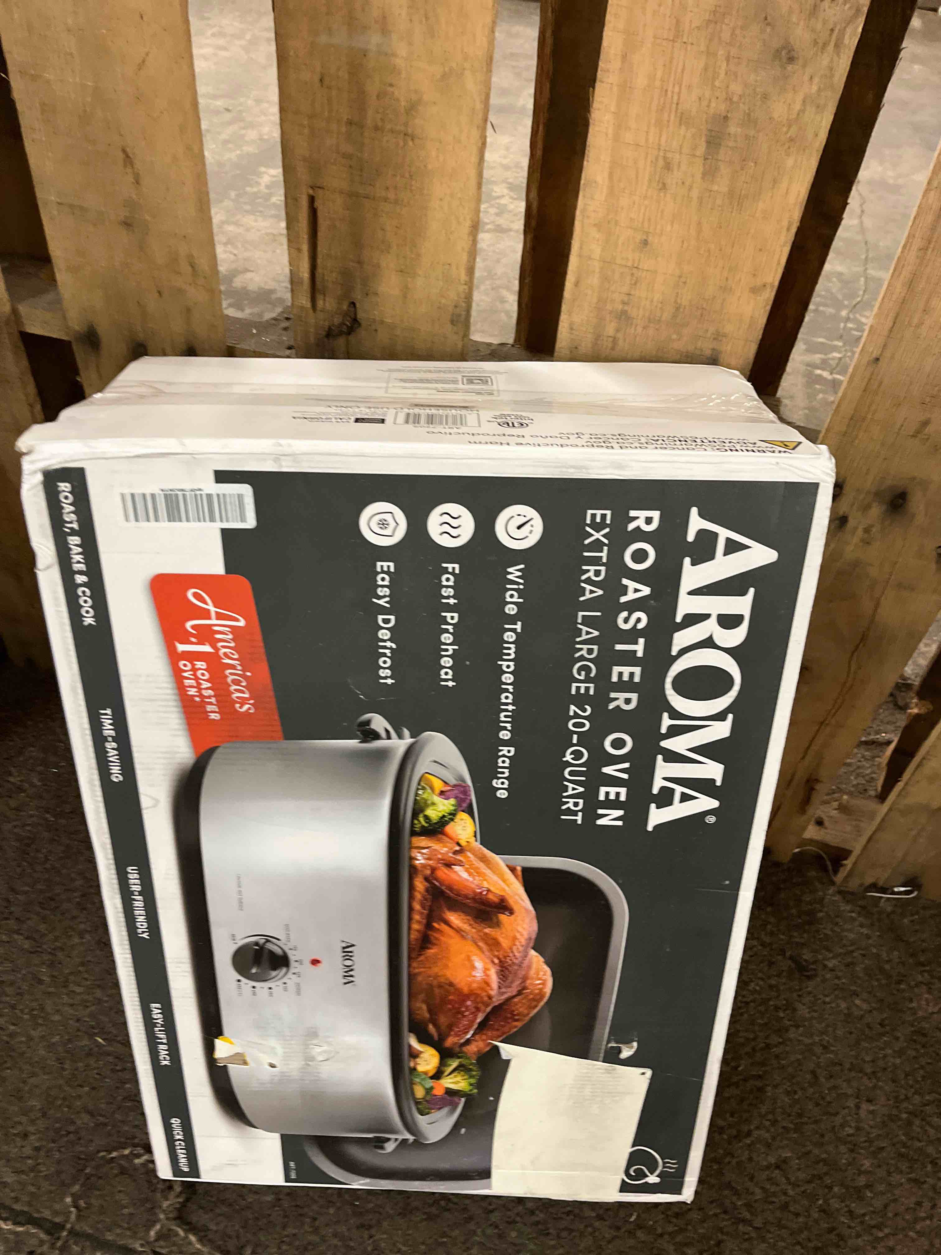 Condition photo showing New/Like New for AROMA® 20Qt. Roaster Oven with Self-Basting Lid, Fits 24-lb. Turkey, Adjustable Temperature Settings, Keep Warm Setting, Stainless Steel (ART-720S)