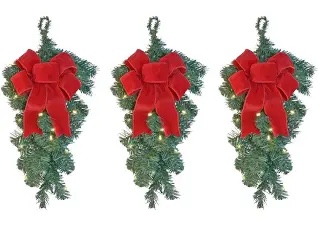 Condition photo showing New/Like New for Set of 3 Pre-Lit Artificial Pine Christmas Teardrop Swags with Wired Red Bows, Battery Operated with Timers, 20 Inches High