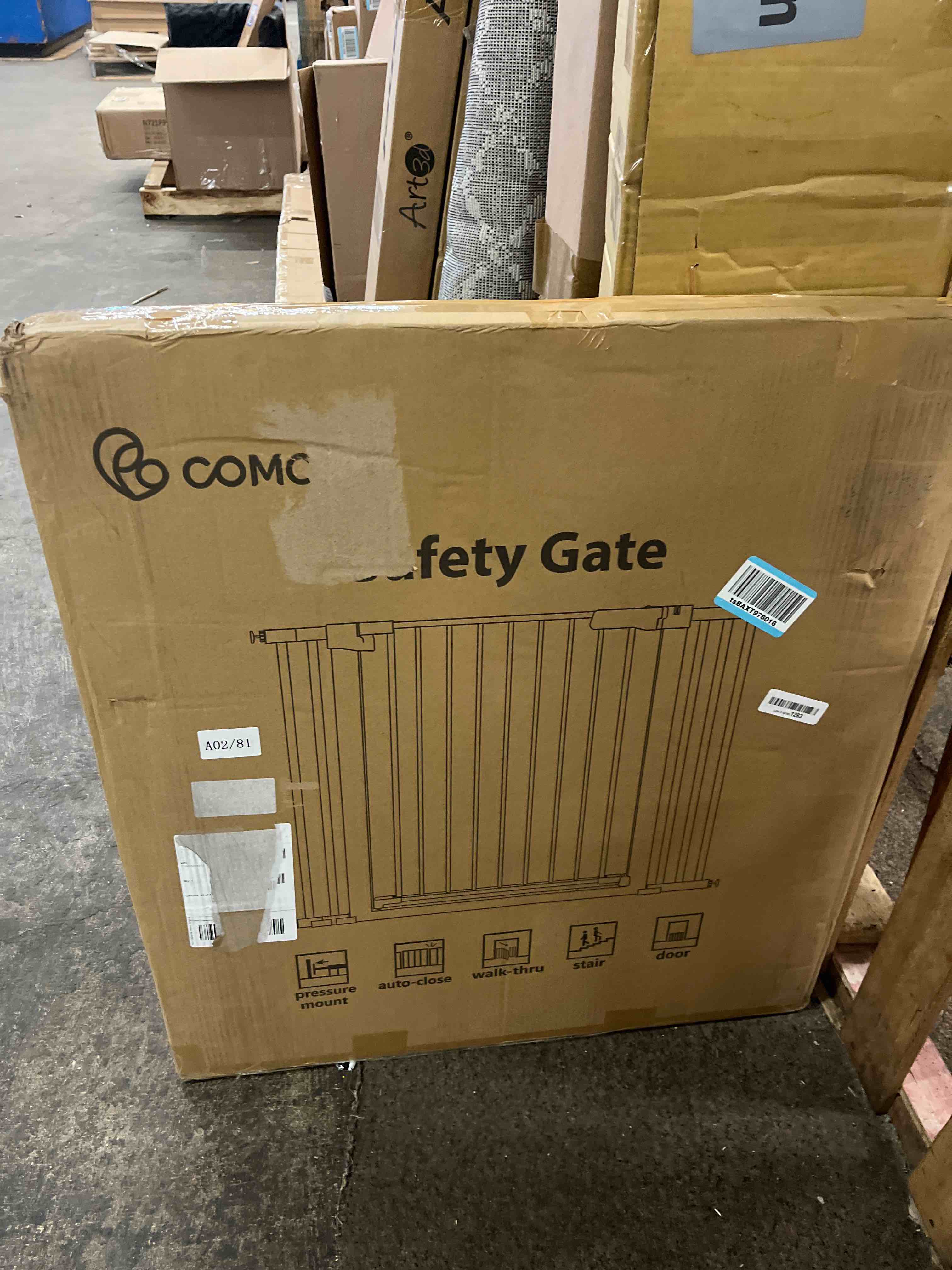 Condition photo showing New/Like New for Cumbor 29.7-48" Baby Gate for Stairs, Mom's Choice Awards Winner-Dog Gates for Doorways, Auto Close Safety Pet Gate for Dogs Indoor, Easy Install Pressure Mounted Child Gate with Walk Thru Door, White
