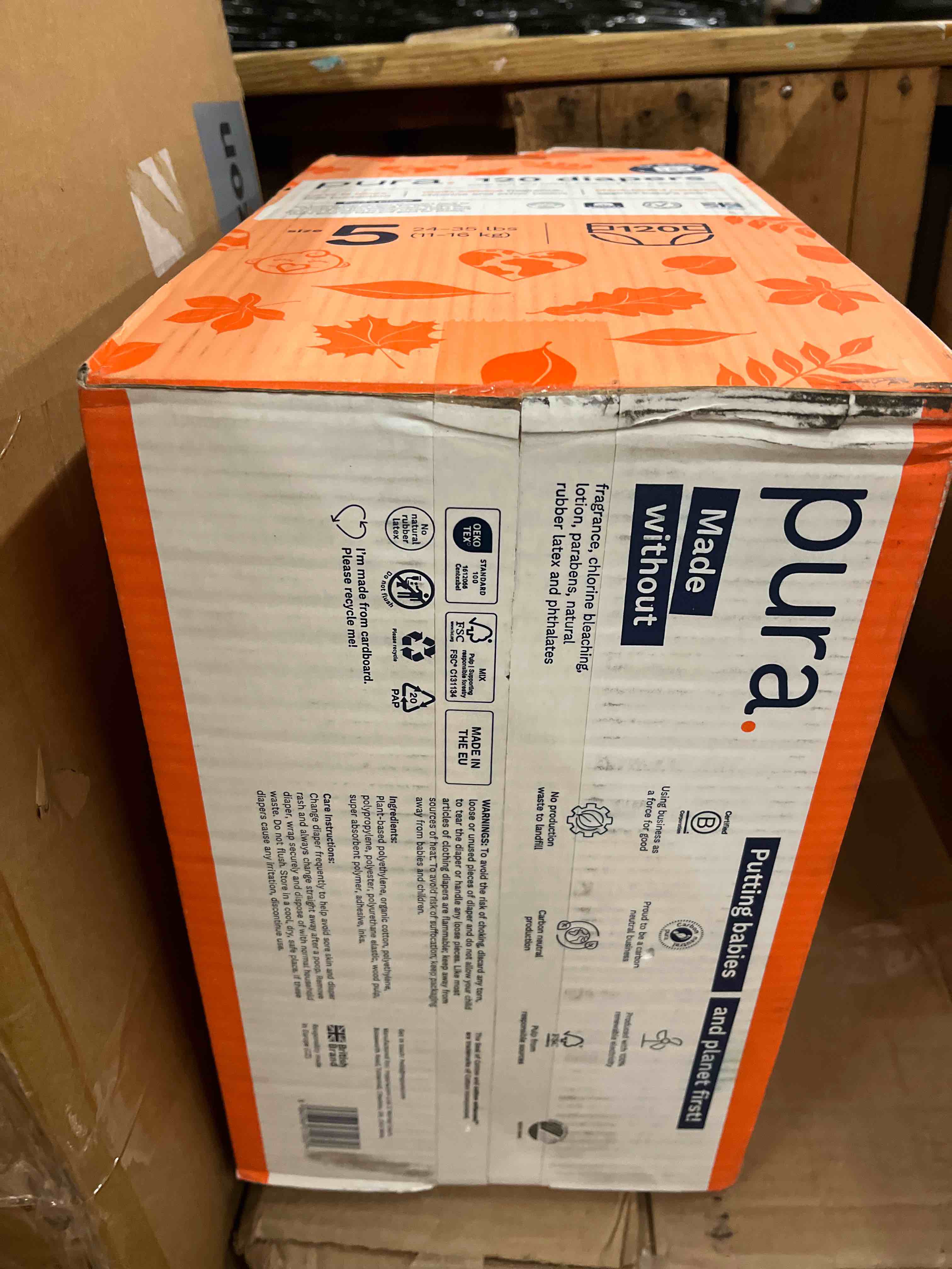 Condition photo showing New/Like New for Pura Size 5 Eco-Friendly Diapers (24-35 lbs) Totally Chlorine Free (TCF), Hypoallergenic, Soft Organic Cotton, Sustainable, up to 12 Hours Leak Protection, Allergy UK, 6 Packs of 20 (120 Diapers)