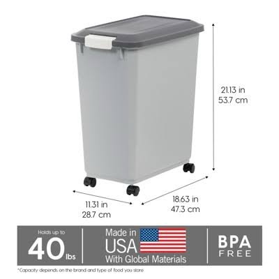 Condition photo showing New/Like New for IRIS USA Dog Food Storage Container with Wheels, Airtight Lid, 2-Cup Scoop, Up to 40 Pounds Pet Food Storage, Built in Scoop Storage in Lid, Versatile Pet Food Bin, Portable, BPA Free, Gray/Dark Gray