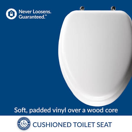 Condition photo showing New/Like New for Mayfair Padded Toilet Seat with Chrome Hinges, Soft Vinyl over Wood Core Seat, Made in USA, Elongated, White