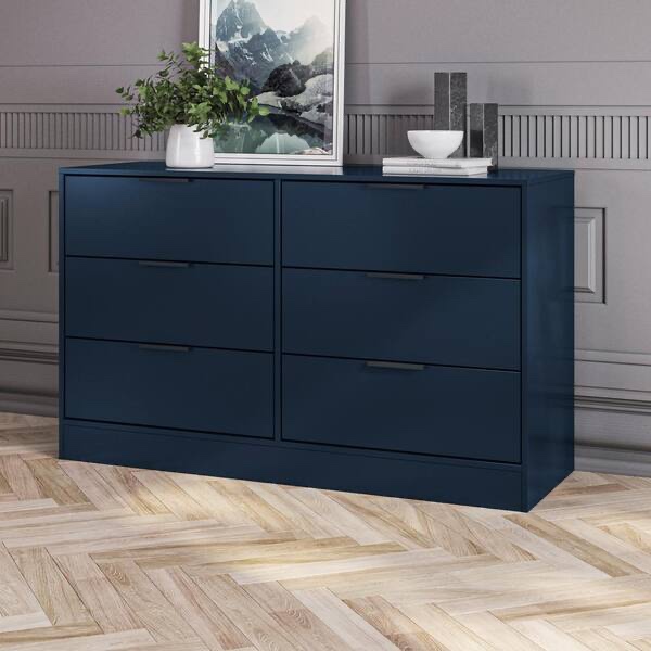 Condition photo showing New/Like New for (2) k1 international group l oslo deep blue horizontal dresser with 6 drawers, 52.75 in. wide dresser - (31.8 in. h x 52.75 in. w x 17.7 in. d (bid is per dresser-lot is for 2 dressers total.)