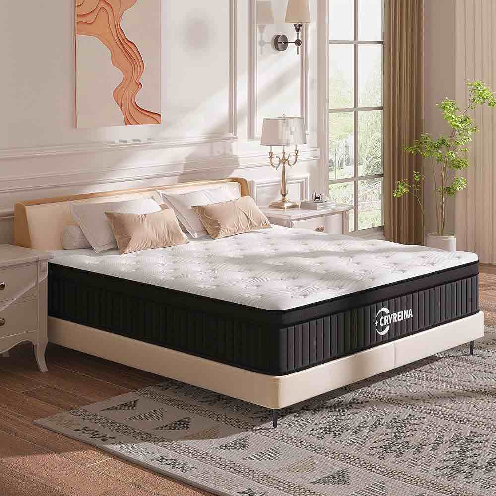 queen mattress 12 inch, hybrid mattress in a box, individually pocket springs, medium firm feel for pressure relief, breathable comfort, certipur-us certified, gray&white