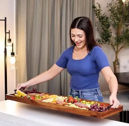 large acacia serving board with handles, 36 x 12 inch rectangular charcuterie platter, natural wood server for meat, cheese board, and party appetizers, extra long 3ft
