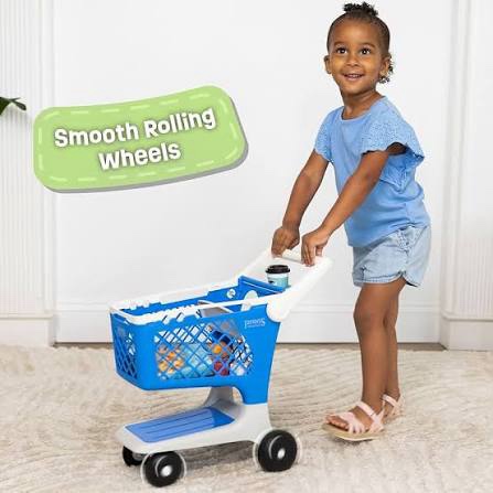 let's go shopping pretend scan & sort shopping cart, sturdy plastic, includes pretend food, blue shopping cart for kids age 2+