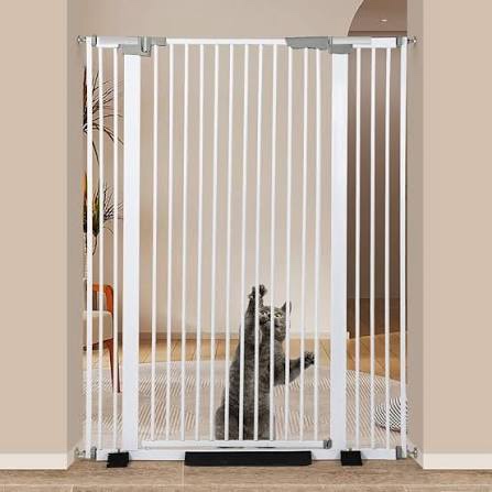 51.18" extra tall cat gate for door way auto close, 30"-40" adjustable width pet gate with 2.75" and 5.5" extension kits, no drilling pressure mount kit, white