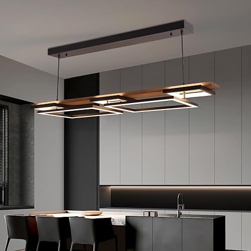 Vintage Wood LED Kitchen Island Light, 65W Stepless CCT Adjustable & Dimmable 47'' 2-Layer Wood Pendant Light Fixture with Remote, Ceiling Mounted Hanging Lamp for Dining Room, Bedroom?Black