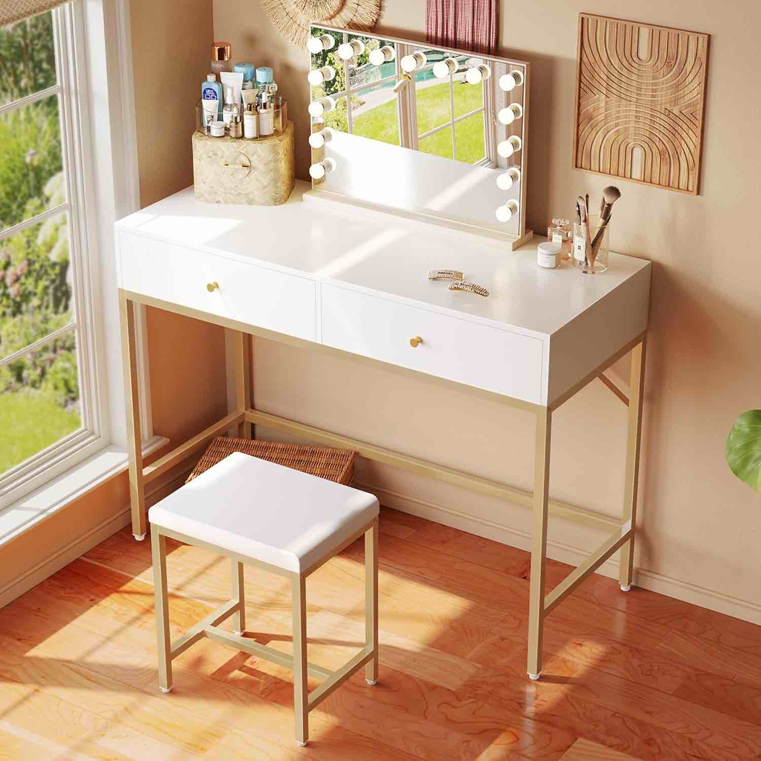 SUPERJARE 35.4" White and Gold Desk with 2 Drawers, Modern Makeup Vanity Desk with Padded Stool, Small Computer Desk Home Office Desk for Writing Study Bedroom