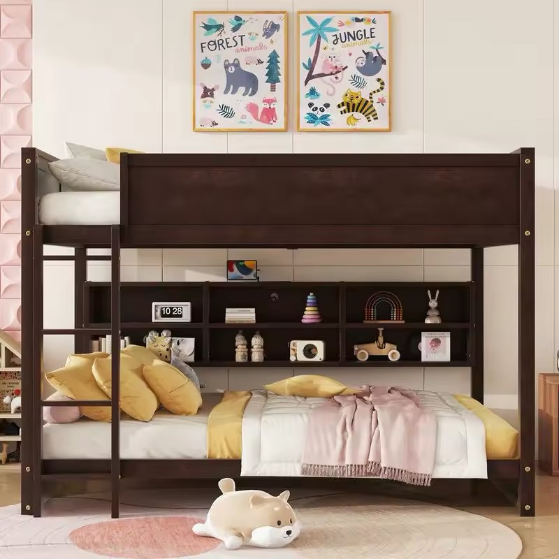 Queen Over Queen Bunk Bed with Storage, Charging Station, Ladder, Safety Guardrails, Solid Pine Wood