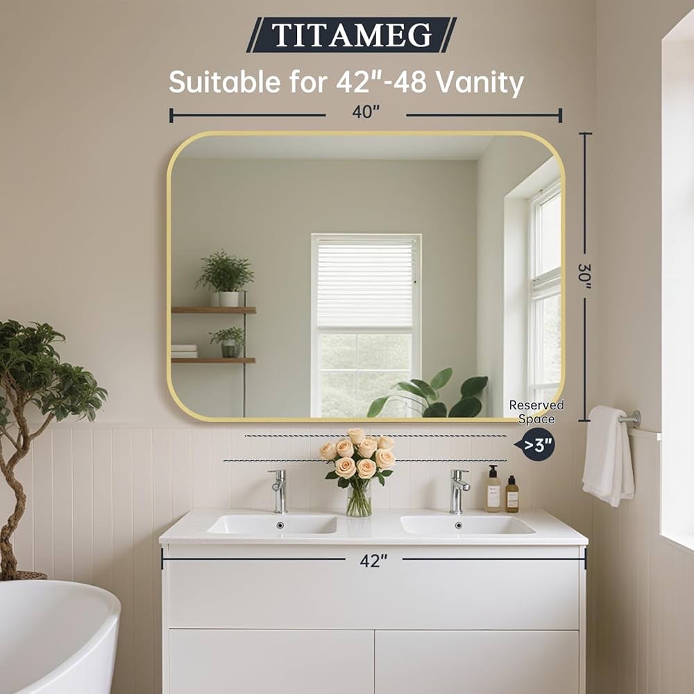 TITAMEG 30x40 Inch Bathroom Mirror for Wall,Gold Framed Rectangle Mirror with Rounded Corner,Aluminum Alloy Framed Brushed Wall Mirror for Bedroom or Living Room,Vertical or Horizontal