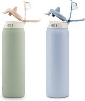 Ello Flip to Fill, Pop to Drink Stainless Steel Water Bottle with Leak-Proof Locking Lid, 22 oz - Reusable Insulated Travel Bottle, Color: Pistachio/Blue Dream