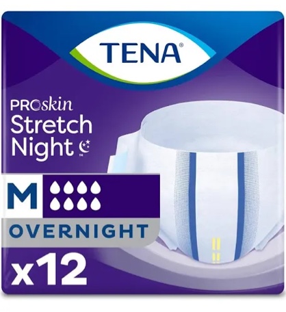 tena proskin overnight protection adult incontinence brief, stretch, disposable, medium, 48count (4 packs of 12), packaging may vary