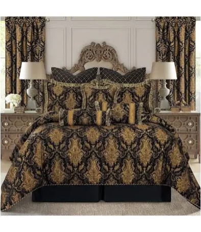 loom and mill 9-piece jacquard comforter set, luxury classic black damask jacquard comforter king sets, ultra soft bedding with euro shams, bedskirt, filled decorative pillow for home bedroom(king)