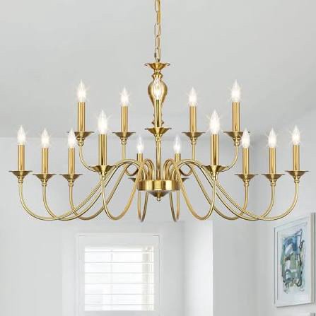 Condition photo showing New/Like New for 15 Light Gold Chandelier Large Farmhouse Chandeliers for Dining Room Light Fixtures Over Table Industrial Candle Hanging Lighting for Foyer Staircase Bedroom Kitchen Island Restaurants