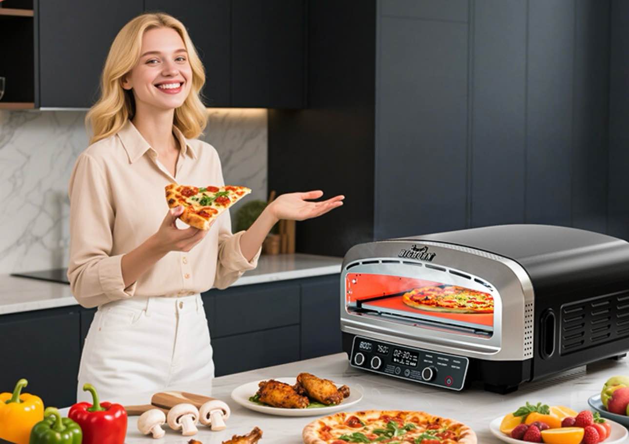 big horn outdoors pizza oven indoor, 14 inch electric countertop pizza oven with 6 preset modes, perfect pizza maker machine for home, pizza cooker with pizza stone and pizza peel, stainless steel