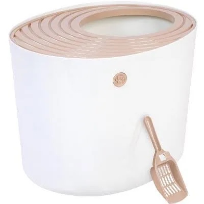 IRIS USA Large Stylish Round Top Entry Cat Litter Box with Scoop  Curved Kitty Litter Pan with Litter Particle Catching Grooved Cover and Privacy Walls  White/Beige