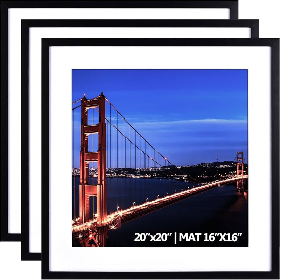 yaetm 20x20 inches black picture frame set of 3, square 20x20 frame displays 16x16 with mat or 20 x 20 without mat, gallery wall frames 20x20 for wall mounting (3 pack, black)