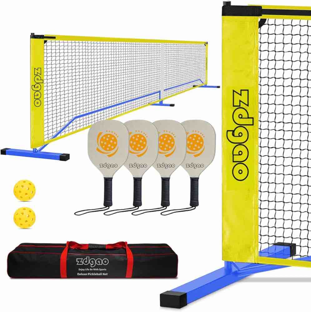 zdgao pickleball set with net - 22 ft pickleball nets portable outdoor regulation size, with 4 pickleball paddles and 2 outdoor pickleball balls for driveway backyard