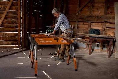 Bora Portamate Speedhorse XT Sawhorse Pair- Two pack, 30-36 inch height adjustable Legs, Metal Top for 2x4, Heavy Duty Pro Bench Saw Horse for Contractors, Carpenters - PM-4550T,Orange