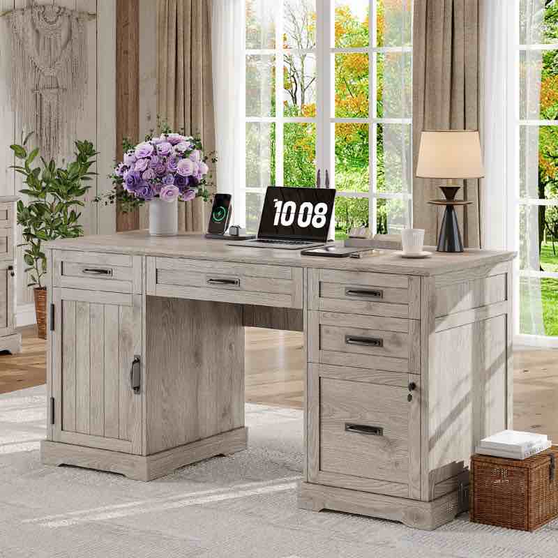 Clabe 55'' Farmhouse Executive Desk with Drawers, File Cabinet and Power Outlets