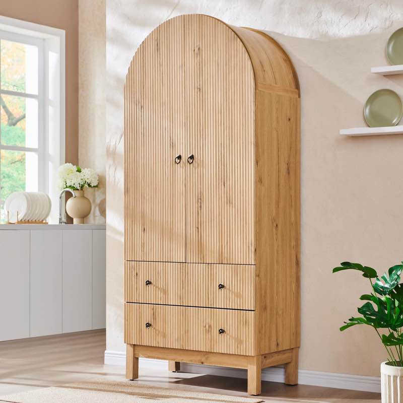 71" Tall Arched Pantry Cabinet, Fluted Kitchen Storage Cabinet with Adjustable Shelves and 2 Large Drawers