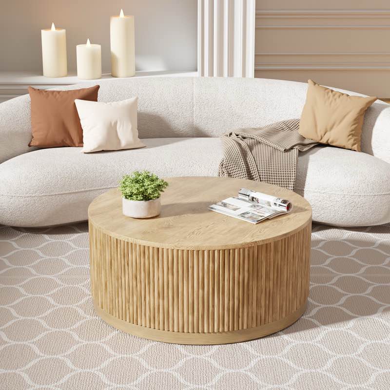 Chibuzor 36"W Round Coffee Table With Ash & Oak, Handcrafted Solid Wood Fluted Design