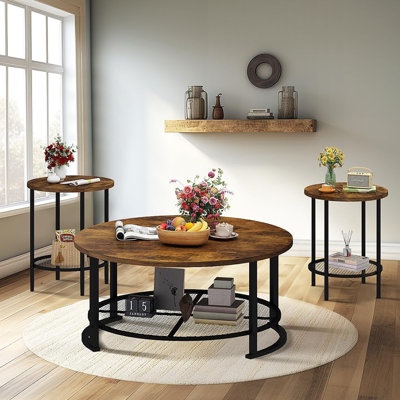 Round small wood and metal coffee and side table