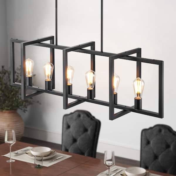 Croyle 6-Light Black Industrial Linear Geometric Kitchen Island Pendant Lantern Cage Farmhouse Chandelier