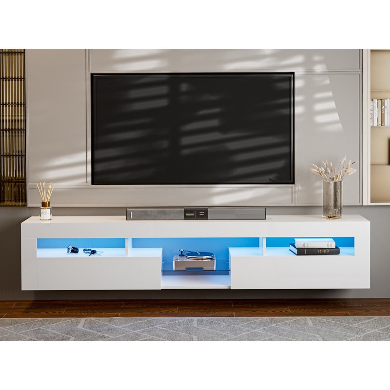 Ivy Bronx Led Floating Tv Stand For 85 Inch Tv, White High Glossy Wall Mounted Haning Tv Stand With 2 Cabinets And Glass Shelve, Modern Floating Entertainment Center Console Shelf For Living Room, Bedroom