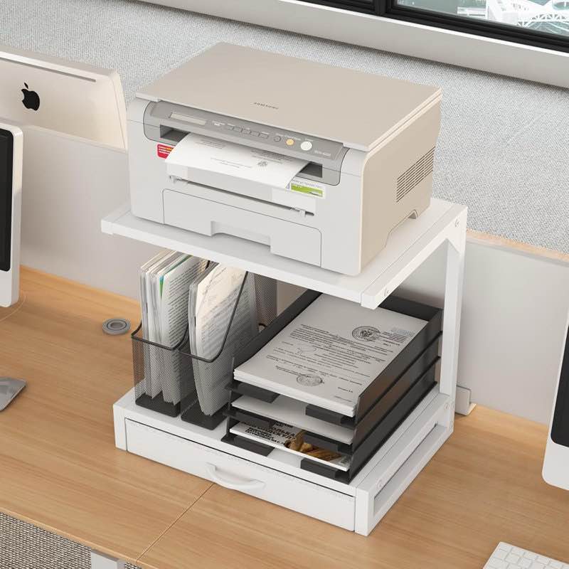 2-tier desktop printer stand with fabric drawer, sturdy home office organizer for printers, 3d printers, fax machines, scanners, compact and space-saving design