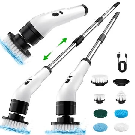 Electric Spin Scrubber, Cordless Cleaning Brush Scrubber for Home, 400RPM/Mins-8 Replaceable Brush Heads-90Mins Work Time, 3 Adjustable Size, 2 Speeds for Bathroom Shower Bathtub Glass Car