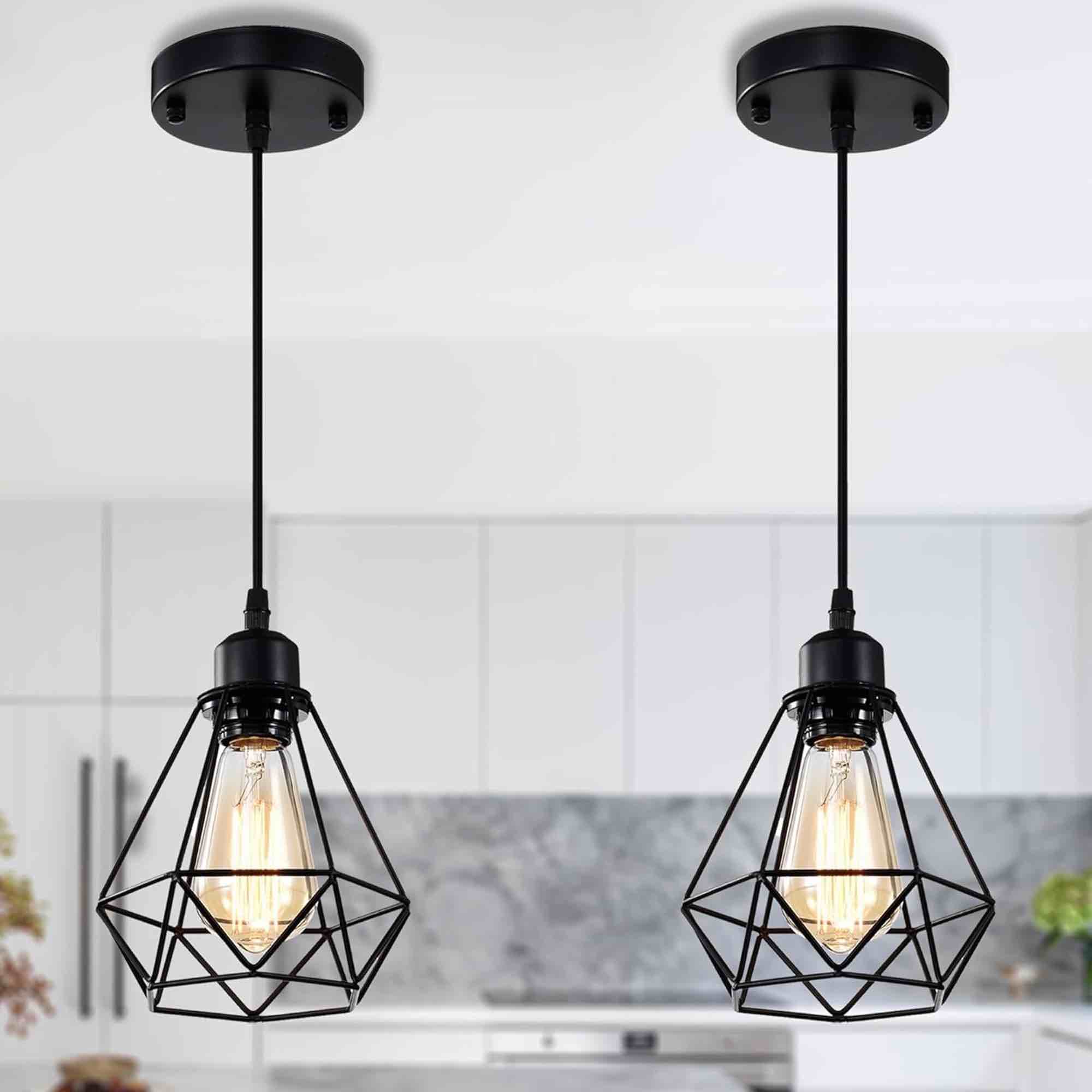 COTTAGE LIFE Black Pendant Light Fixtures 2 Pack Industrial Pendant Light Fixture Metal Cage Pendant Lights Farmhouse Pendant Lighting for Kitchen Island Dining Room Pendant Lighting Fixtures