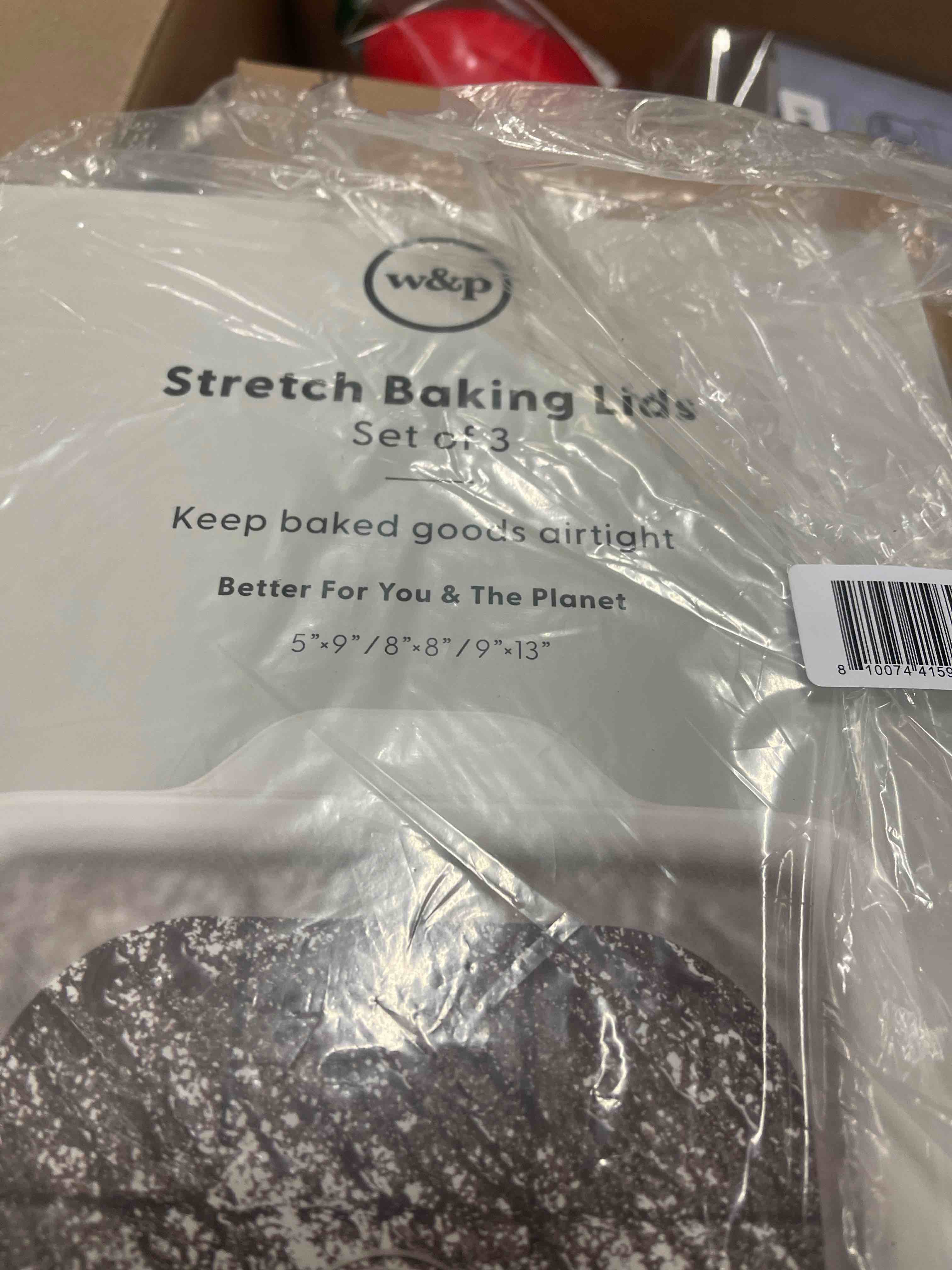 Condition photo showing New/Like New for W&P Reusable Silicone Stretch Lid, Set of 3 – Casserole (9x13), Brownie (8x8), Loaf (5 x 9), Dishwasher Safe, Freezer Safe, LFGB/Premium Materials, Microwave Safe, Clear