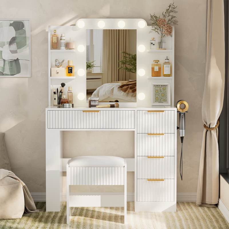 37" fluted makeup vanity desk with led lighted mirror & charging station, large modern dressing table with 5 drawers, adjustable shelves, glass tabletop for bedroom