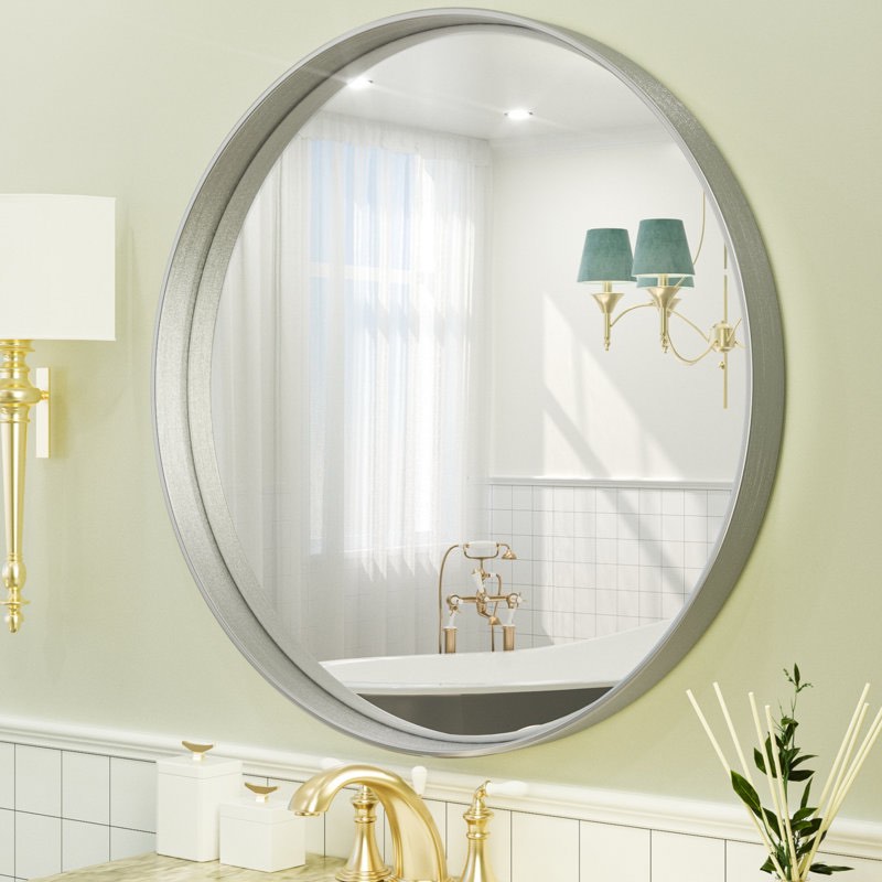 valancia round bathroom vanity mirror with aluminum alloy frame, shatter-proof film, silver