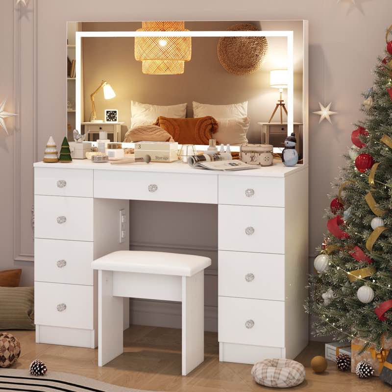 Greyden Vanity Set With LED Mirror & Power Outlets, 9 Drawers with Diamond Handles