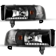 1995-2002 Dodge Ram 1500 2500 3500 LED DRL Head Lights Black Clear CHWJ-0306-B