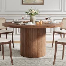 47.2'' round dining table, kitchen table with wood strip base for kitchen living room