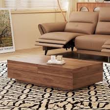 Modern Walnut Rectangular Coffee Table With Sliding Top And Hidden Storage, Elegant Living Room Furniture