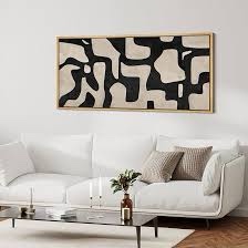 mid century shape abstract contours, black and white beige artwork, retro bedroom home decor, extra large framed canvas print wall art