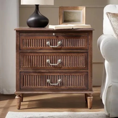 Kaybri Farmhouse 3-Drawer Fluted Solid Wood Nightstand with Built-In Outlet and Pull-out Tray Walnut