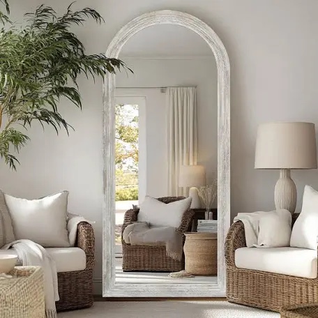 Arched Full-Length Mirror - Solid Paulownia Wood Frame, Rustic Whitewashed Finish, Multi-Size Options, Wall-Mounted Or Leaning For Bedroom, Living Room, Closet