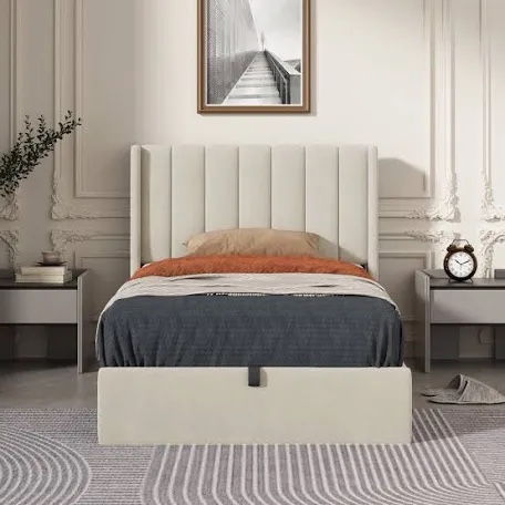 Daizia Lift Up Storage Platform Bed with Wingback Headboard Cream Twin