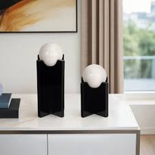 Saunderson Modern Glass & Marble Geometric Sculptures - Black & White Decorative Accents- 12" & 8"