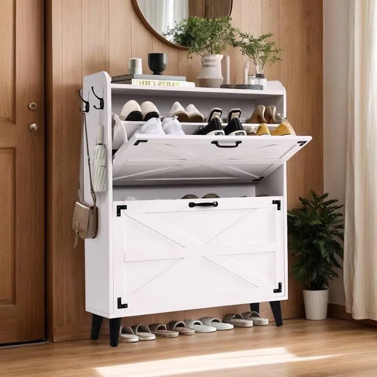 30 pair shoe storage cabinet with 2 flip drawers