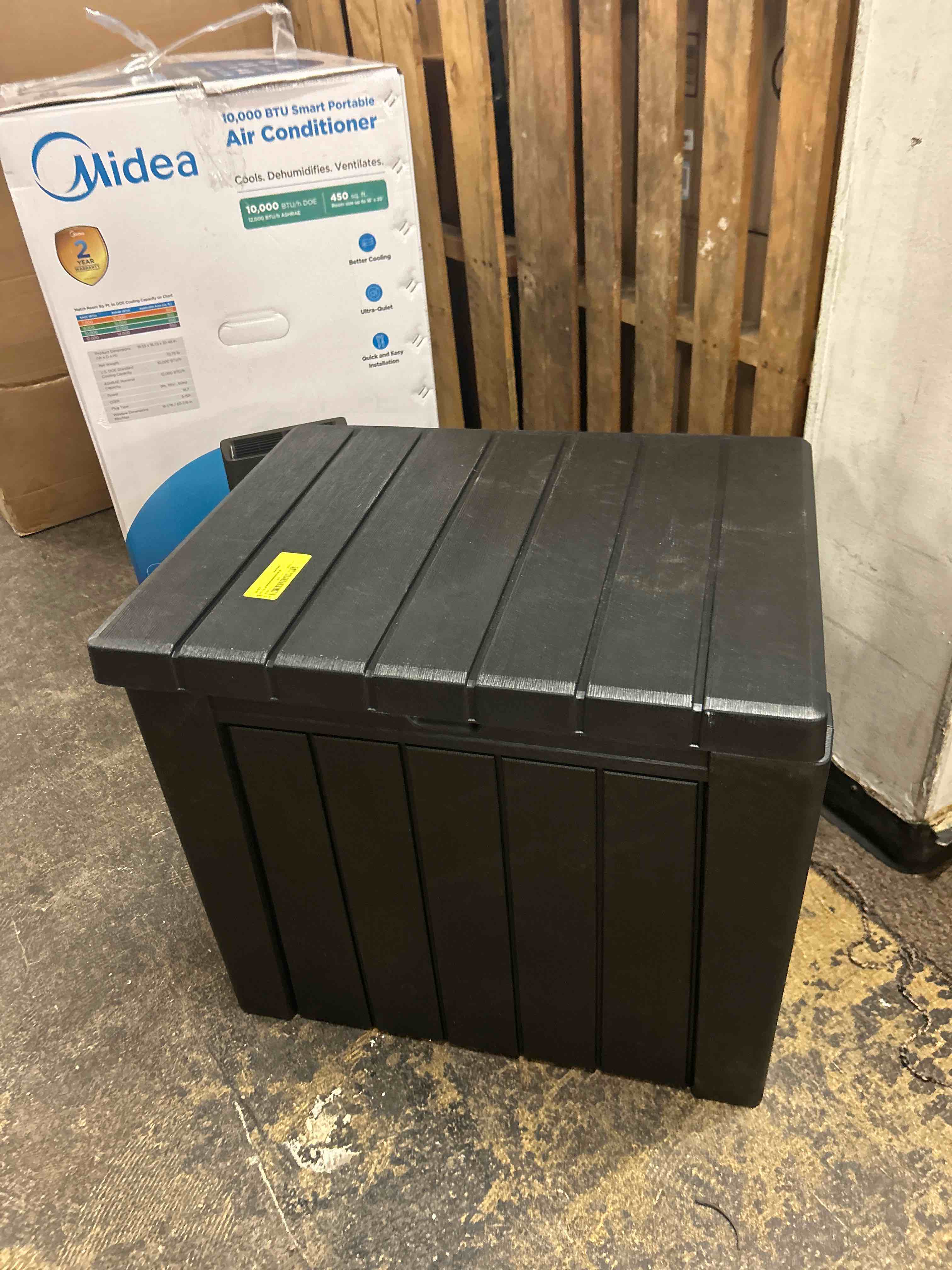 Condition photo showing New/Like New for yitahome 31 gallon resin deck box outdoor storage box and waterproof package delivery box with lockable lid for patio furniture, gardentools, pool supplies, black