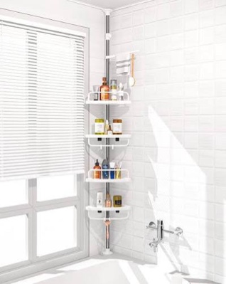 adovel 4 layer corner shower caddy, stainless steel constant tension pole shower organizer, adjustable corner shower shelf, rustproof 3.3 to 9.8 ft